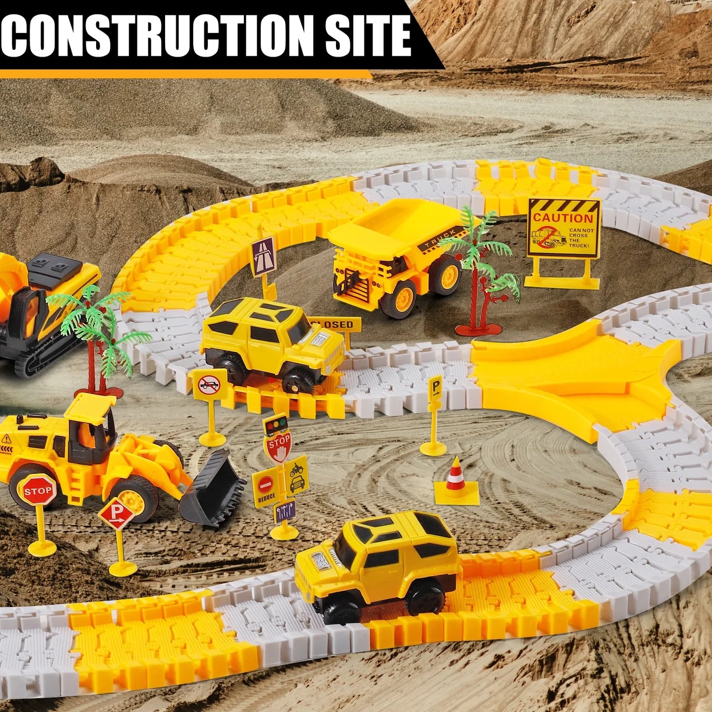 Construction Race Track Set with 2 Electric Cars & Engineering Vehicles for Kids Ages 3-7