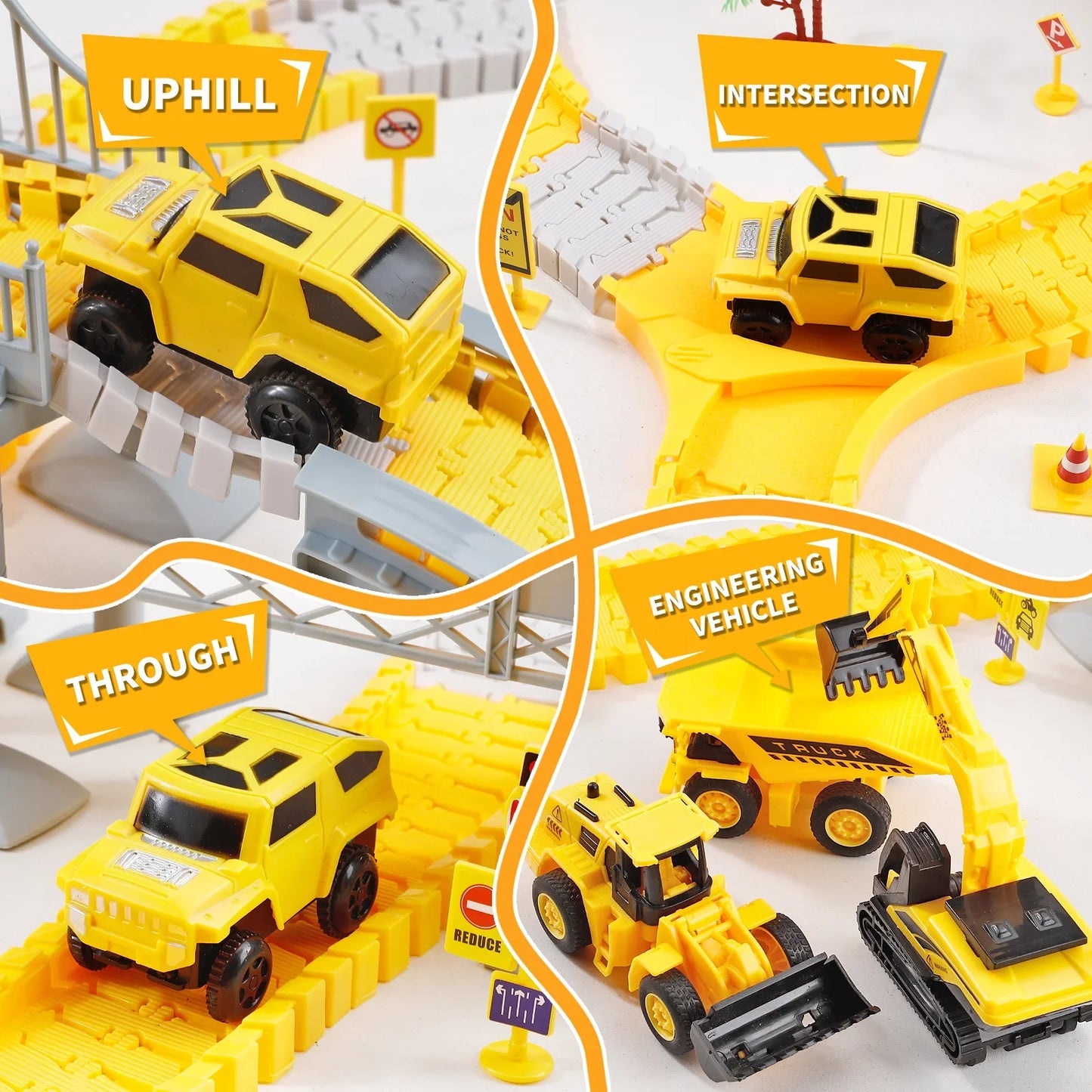 Construction Race Track Set with 2 Electric Cars & Engineering Vehicles for Kids Ages 3-7
