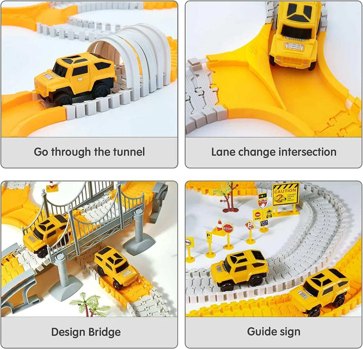 Construction Race Track Set with 2 Electric Cars & Engineering Vehicles for Kids Ages 3-7
