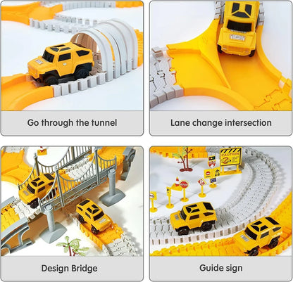 Construction Race Track Set with 2 Electric Cars & Engineering Vehicles for Kids Ages 3-7