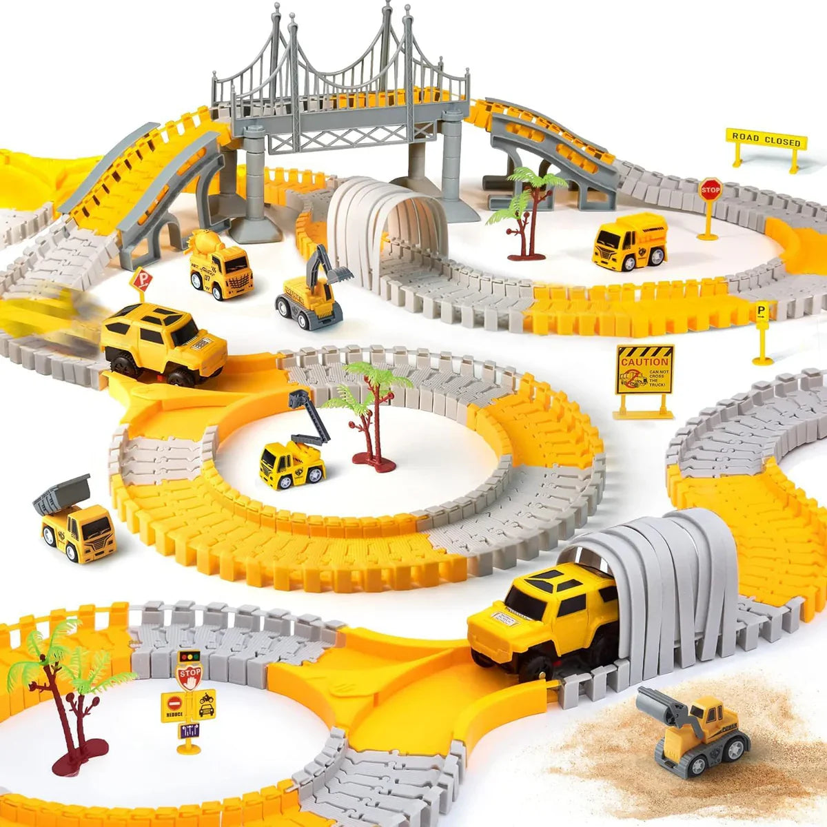 Construction Race Track Set with 2 Electric Cars & Engineering Vehicles for Kids Ages 3-7