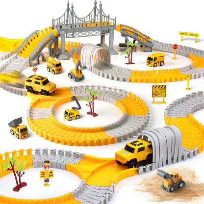 Construction Race Track Set with 2 Electric Cars & Engineering Vehicles for Kids Ages 3-7