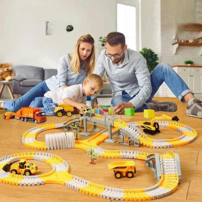 Construction Race Track Set with 2 Electric Cars & Engineering Vehicles for Kids Ages 3-7
