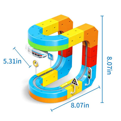 Electric Train Track Set for Kids – 3D DIY STEM Railway Building Kit with Traffic Signs & Flexible Racing Tracks
