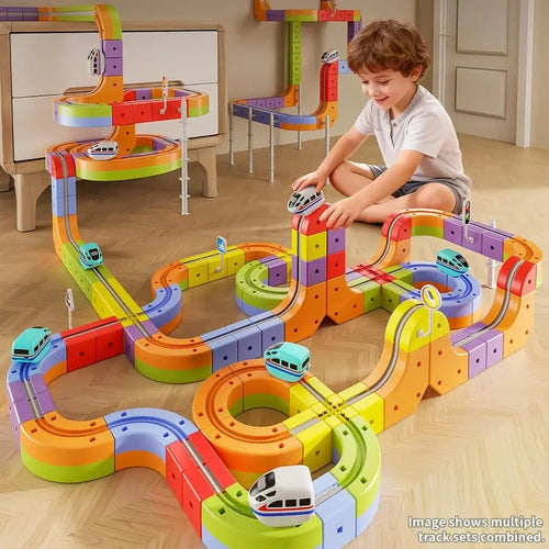 Electric Train Track Set for Kids – 3D DIY STEM Railway Building Kit with Traffic Signs & Flexible Racing Tracks