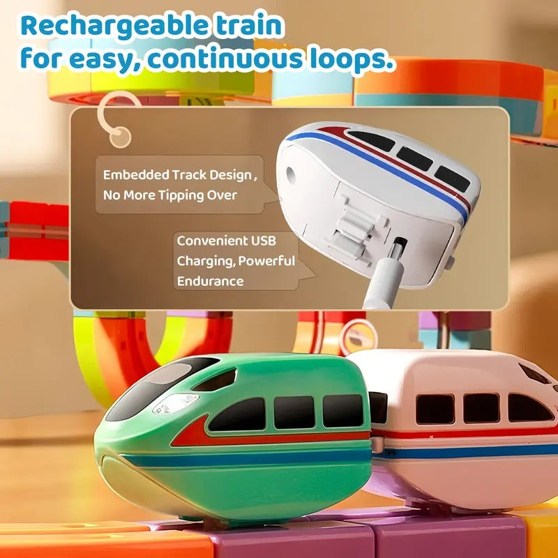 Electric Train Track Set for Kids – 3D DIY STEM Railway Building Kit with Traffic Signs & Flexible Racing Tracks