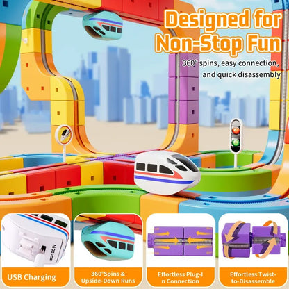 Electric Train Track Set for Kids – 3D DIY STEM Railway Building Kit with Traffic Signs & Flexible Racing Tracks