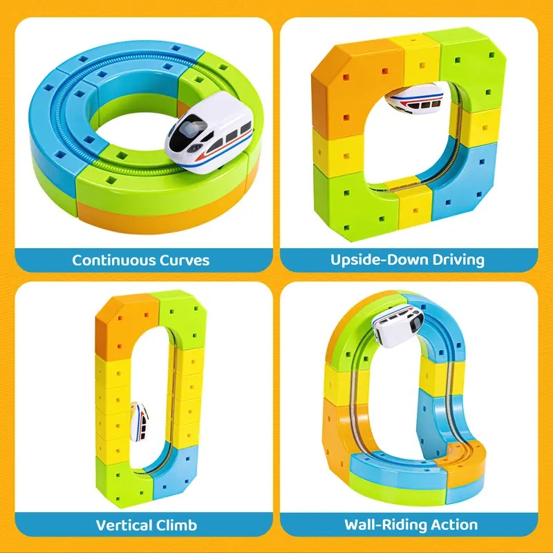 Electric Train Track Set for Kids – 3D DIY STEM Railway Building Kit with Traffic Signs & Flexible Racing Tracks